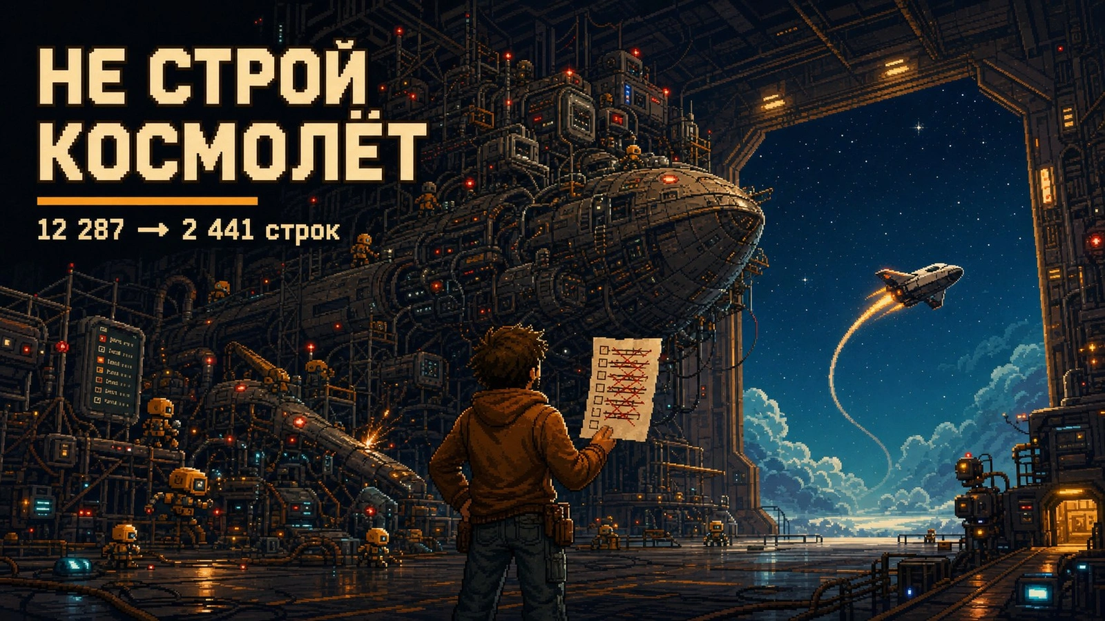 Пиксель-арт: разработчик с вычеркнутым чек-листом смотрит на огромный недостроенный космолёт в ангаре, пока маленькая ракета улетает в небо