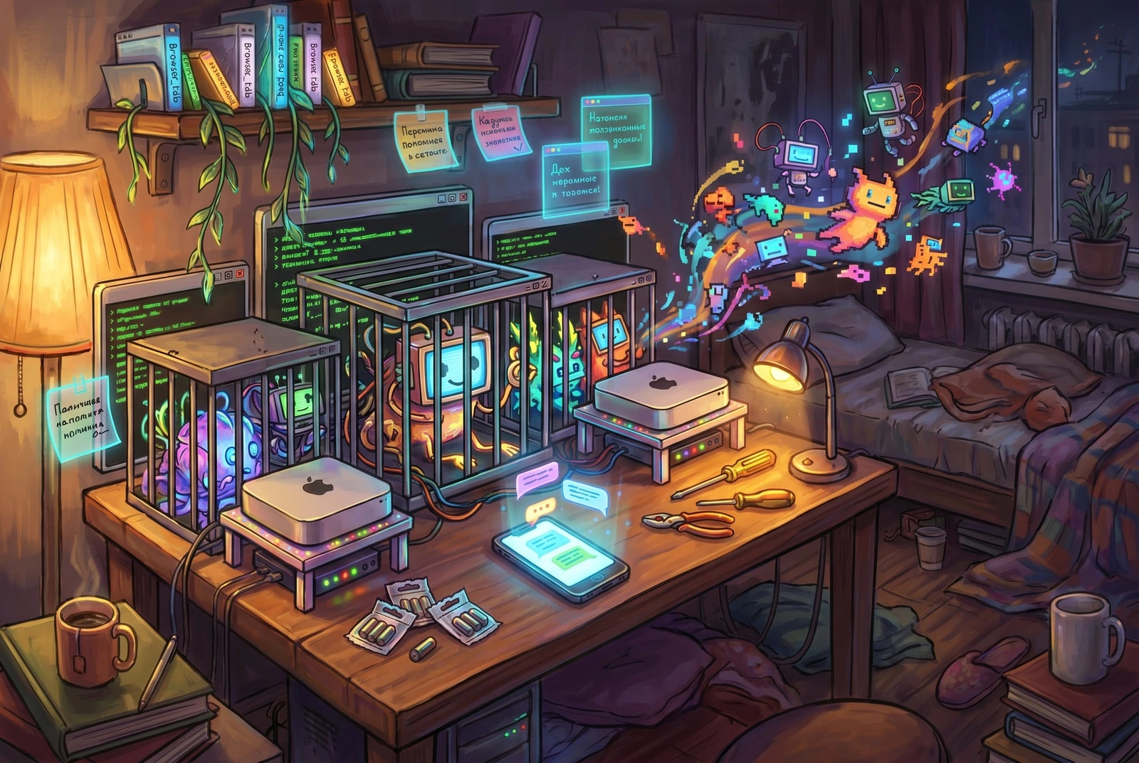 LLM-зоопарк: Mac mini в клетках с цифровыми существами